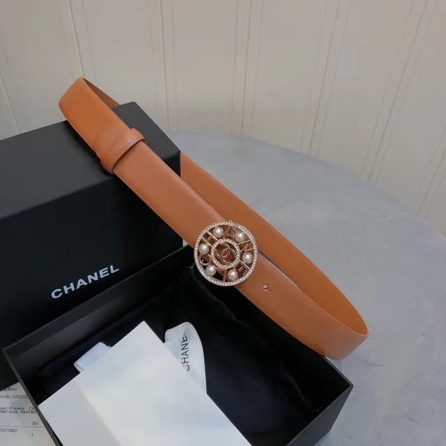 Chanel মুক্তা CC বাকেল ট্যান চামড়া বেল্ট 3