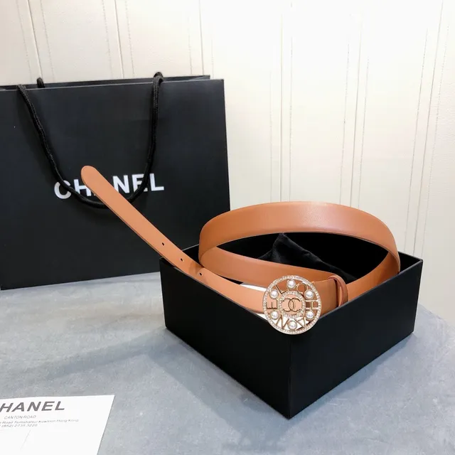 Chanel মুক্তা CC বাকেল ট্যান চামড়া বেল্ট 4