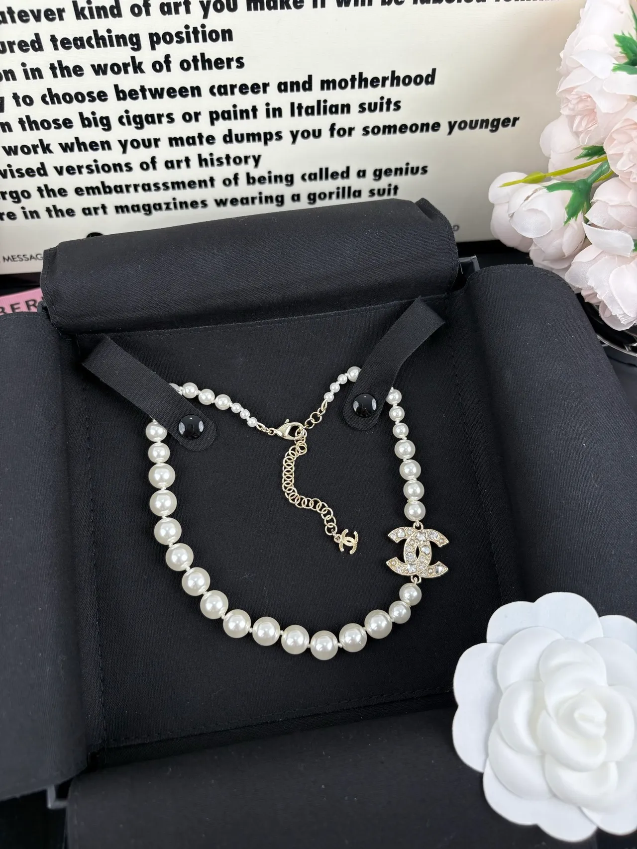 Chanel Pearl Necklace White Gold Strand Crystal-Embellished CC Pendant Necklace 2