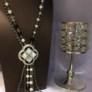 Chanel Quatrefoil Pendant Pearl and Black Bead Multi-Strand Necklace