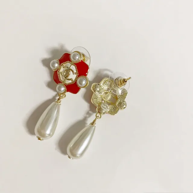 Chanel Red Gold Enamel Floral CC Logo Earrings 2