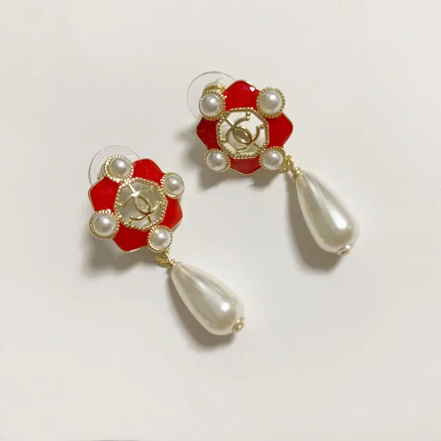 Chanel Red Gold Enamel Floral CC Logo Earrings 3