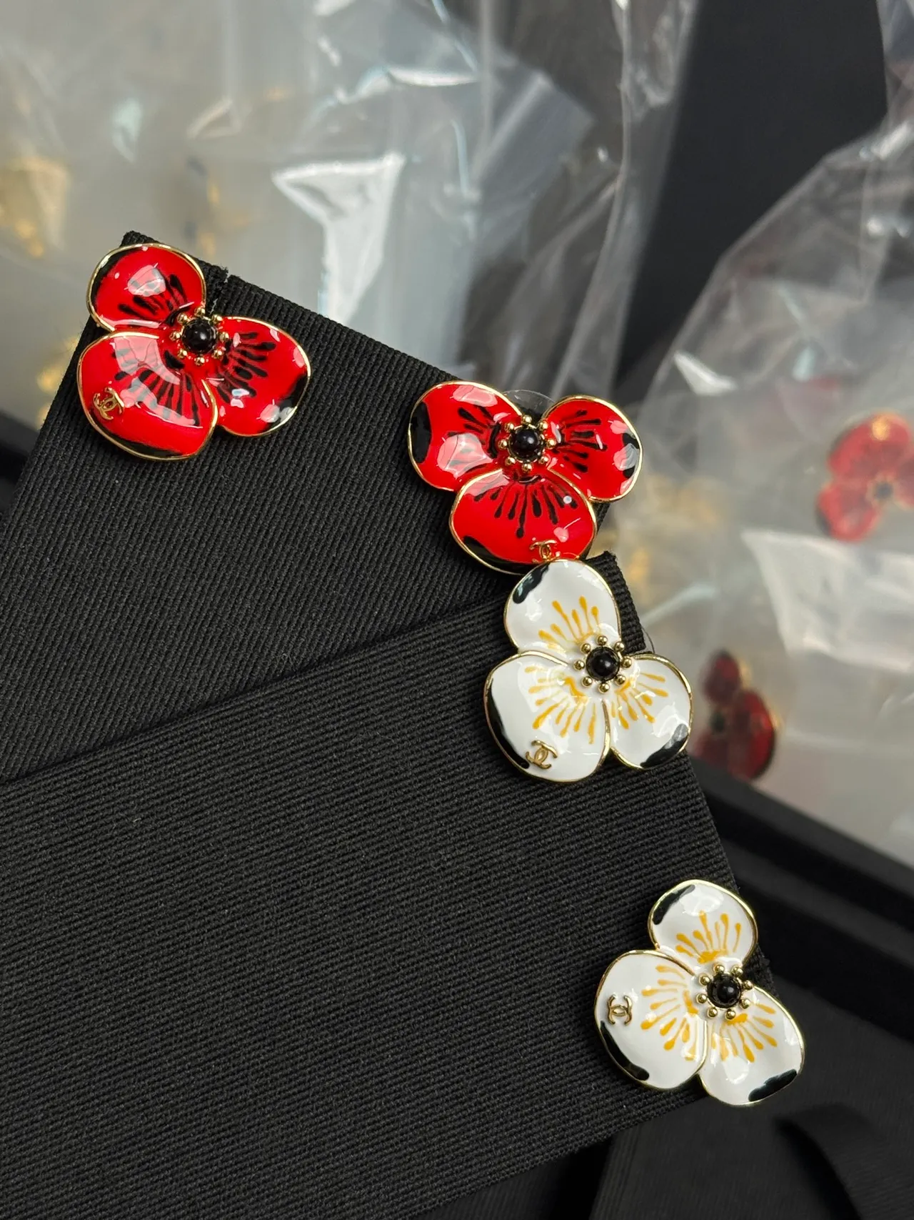 Chanel Red Gold Enamel Floral Metal Earrings 4