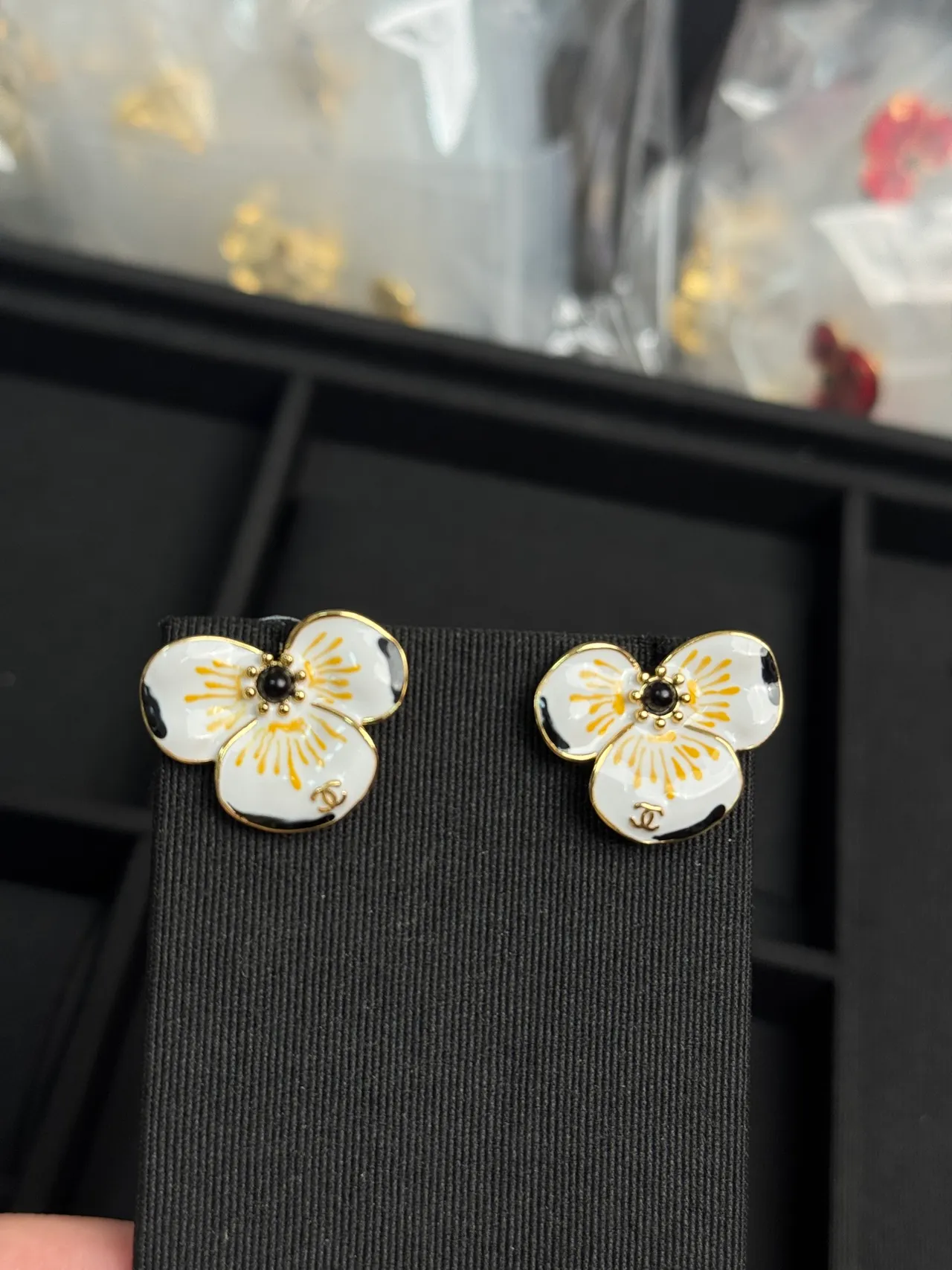 Chanel Red Gold Enamel Floral Metal Earrings 5