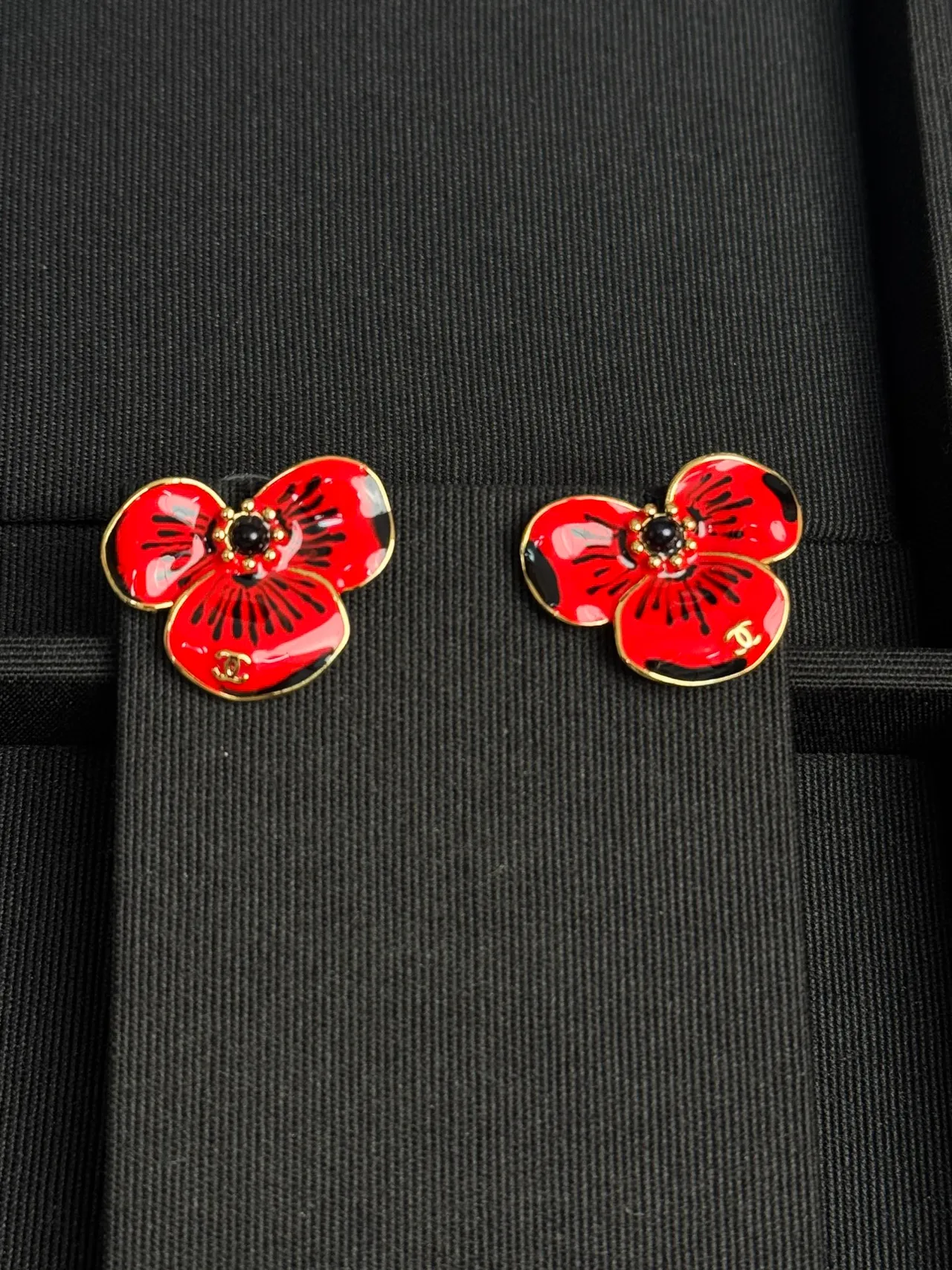 Chanel Red Gold Enamel Floral Metal Earrings 8