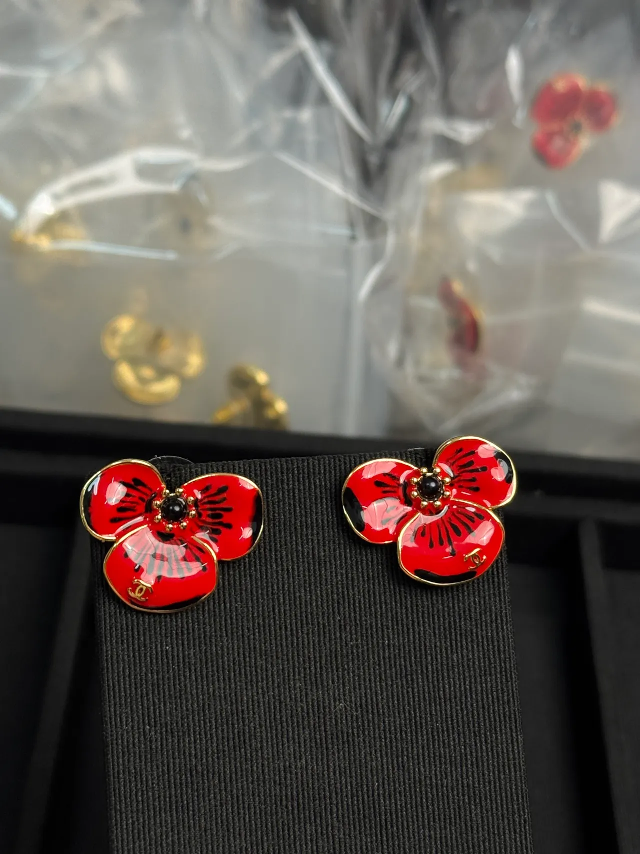 Chanel Red Gold Enamel Floral Metal Earrings 9