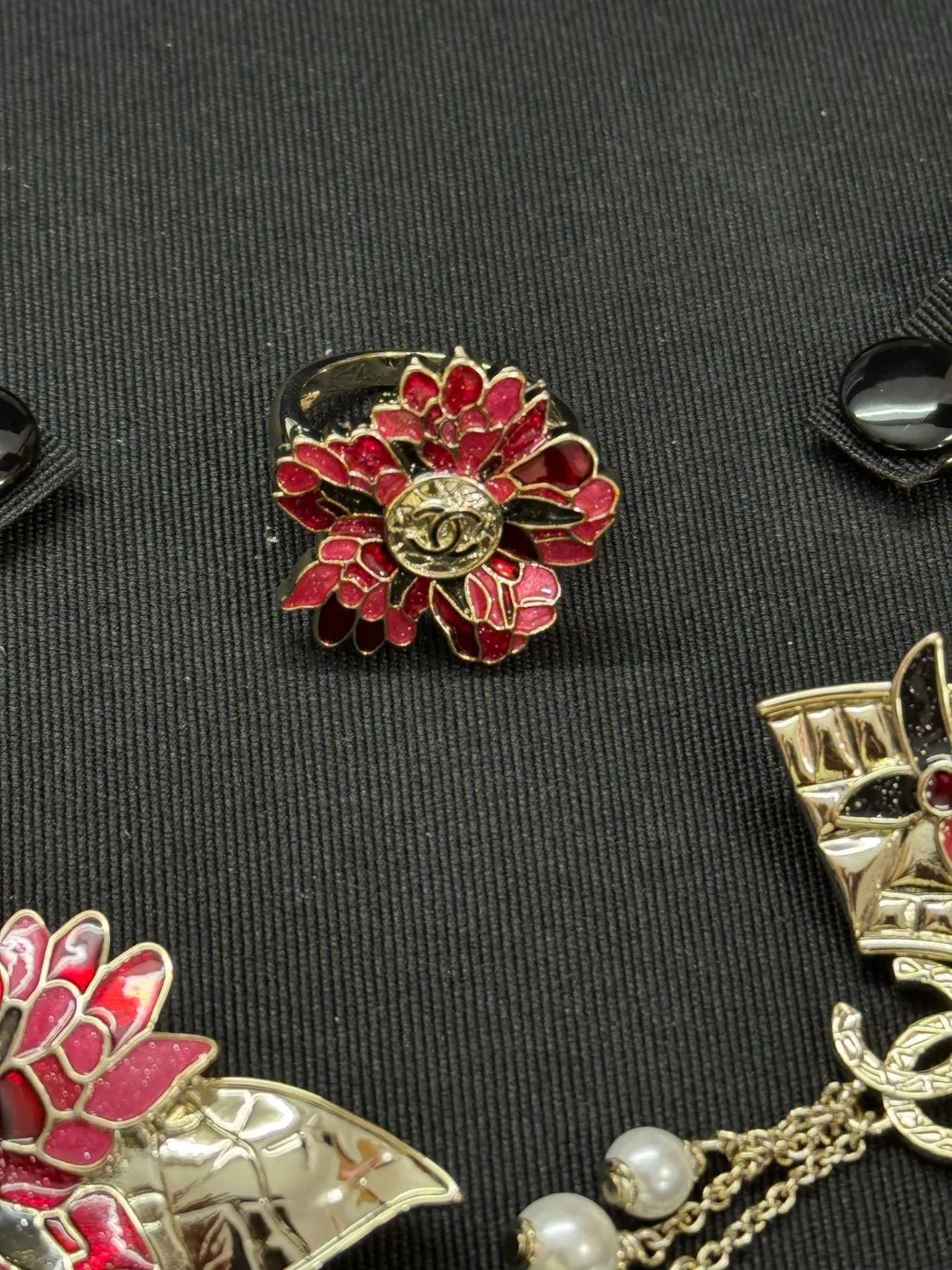Chanel Red Gold Floral Enamel Metal Ring 4