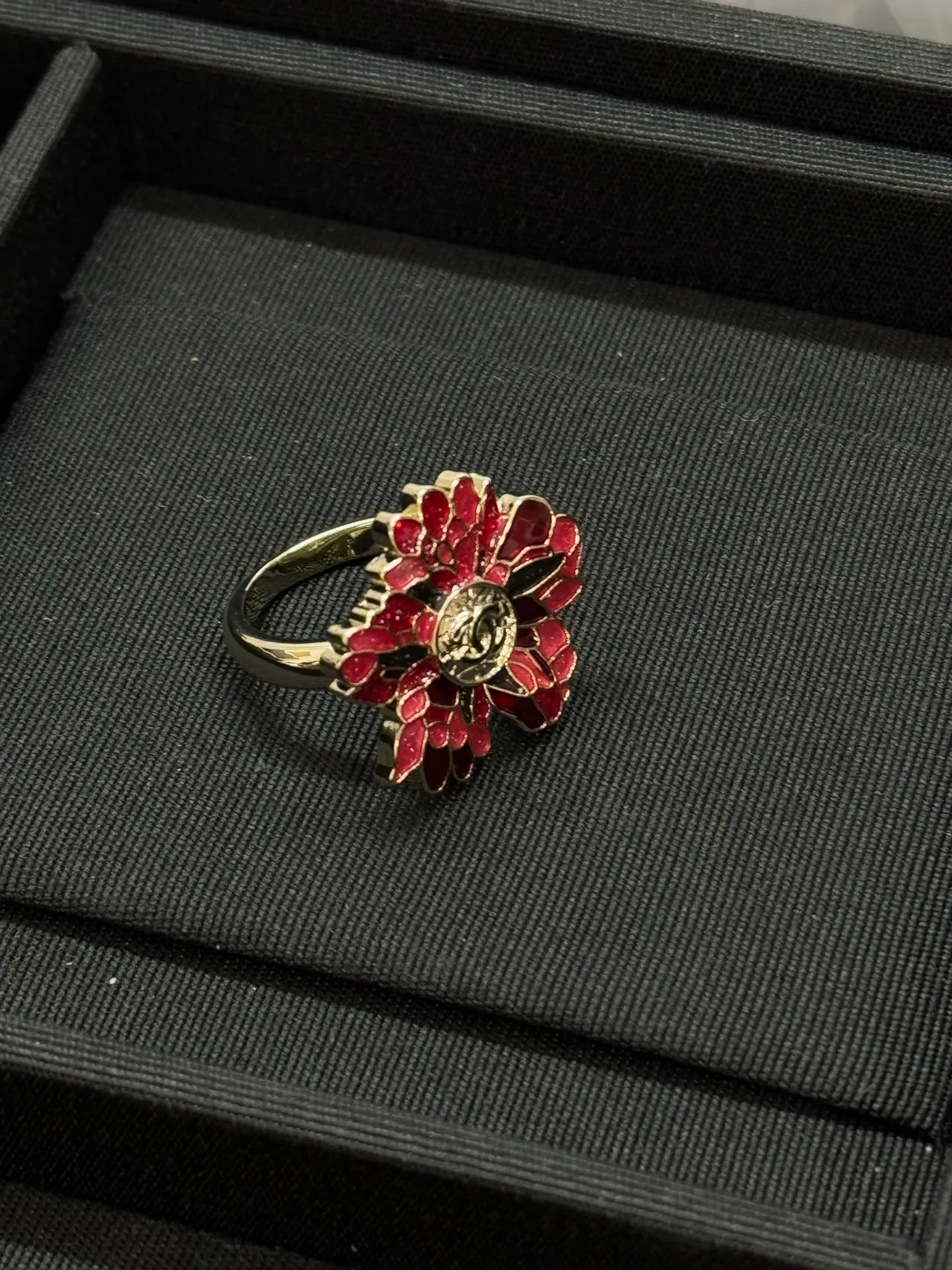 Chanel Red Gold Floral Enamel Metal Ring 5