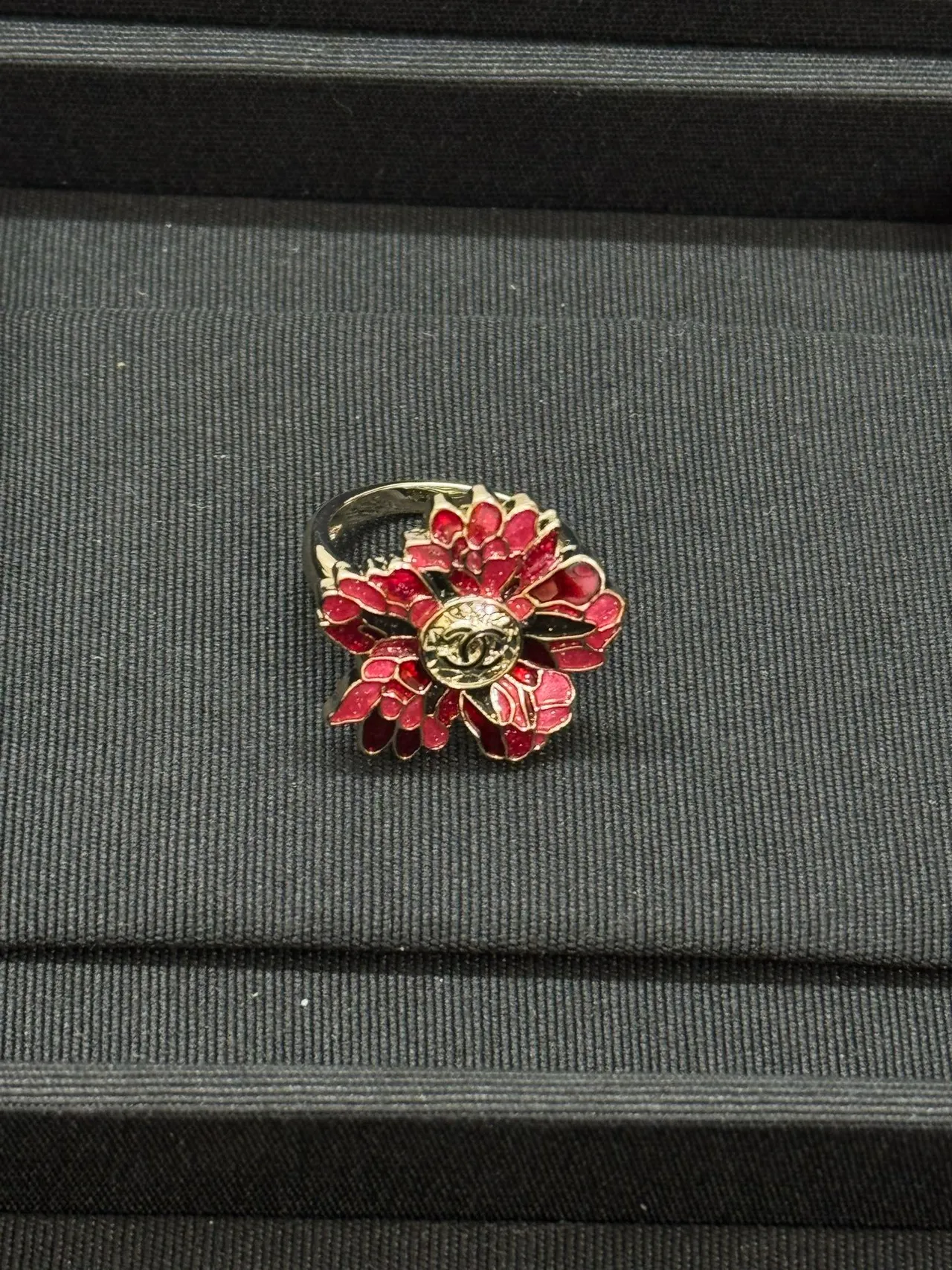 Chanel Red Gold Floral Enamel Metal Ring 6