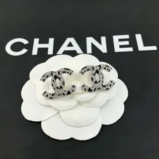 Chanel Silver Black Interlocking CC Logo Pavé Crystal Brooch