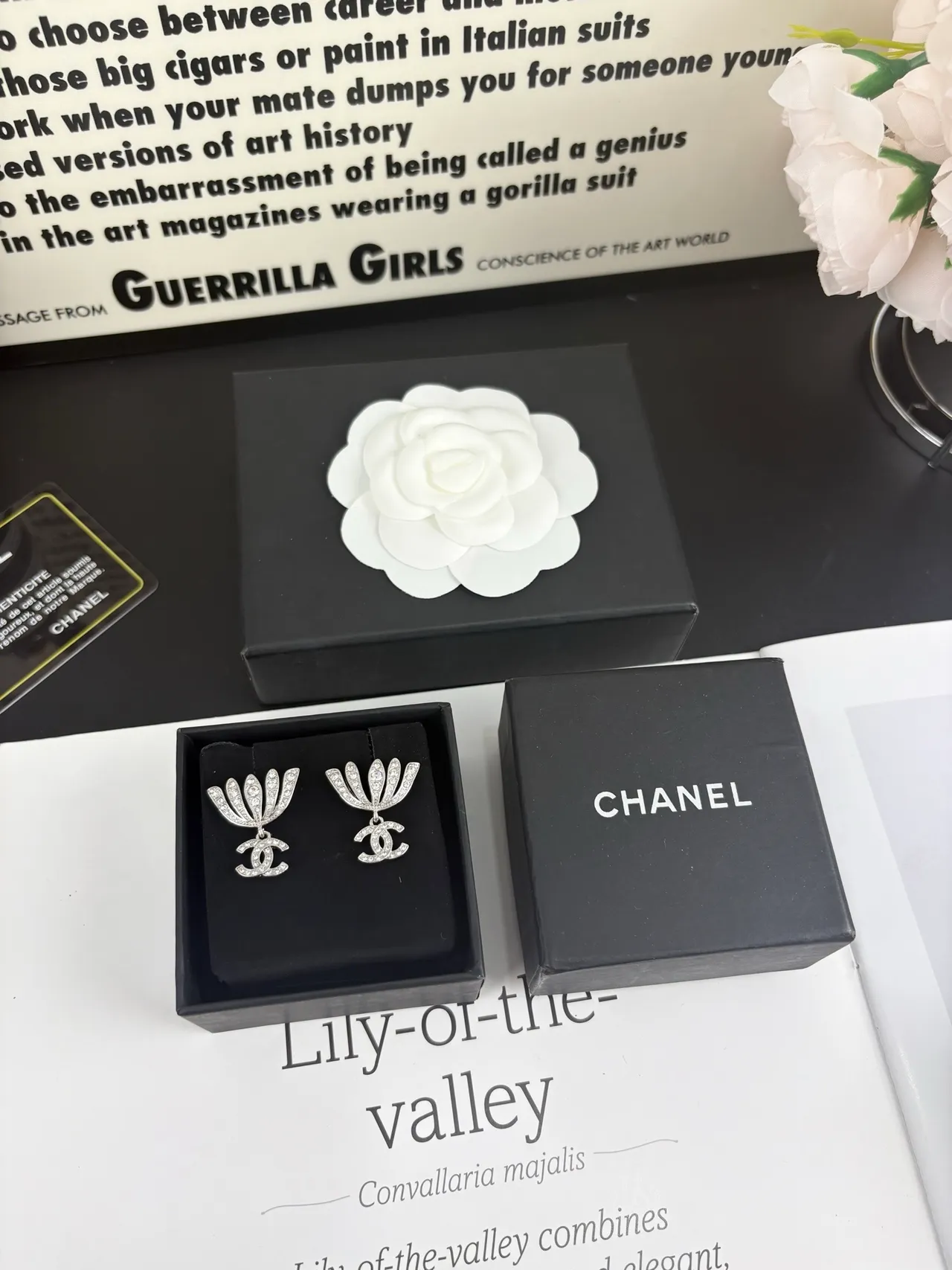 Chanel Silver Pavé-Crystal Fan Motif Dangling Interlocking CC Logo Earrings 2