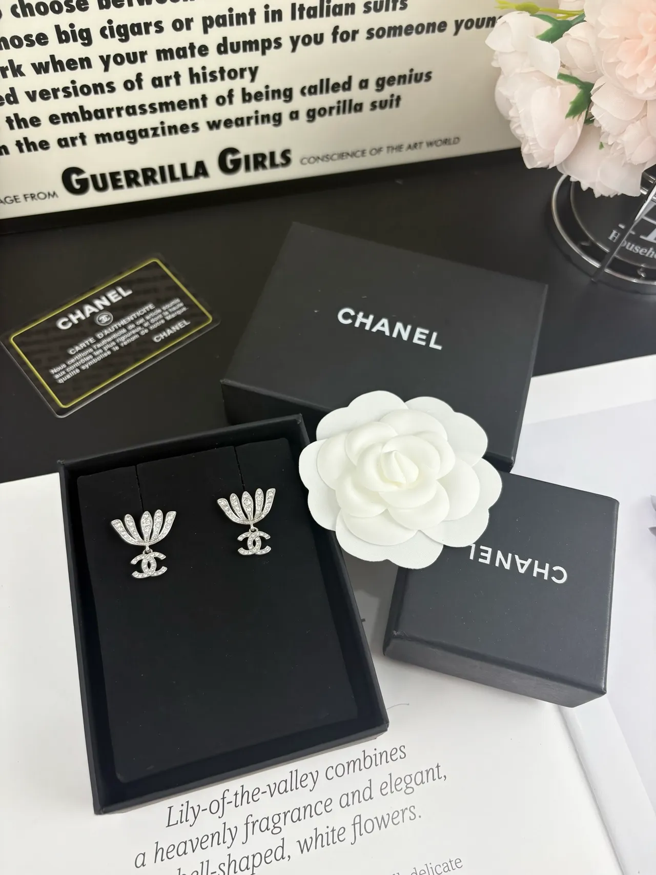 Chanel Silver Pavé-Crystal Fan Motif Dangling Interlocking CC Logo Earrings 4