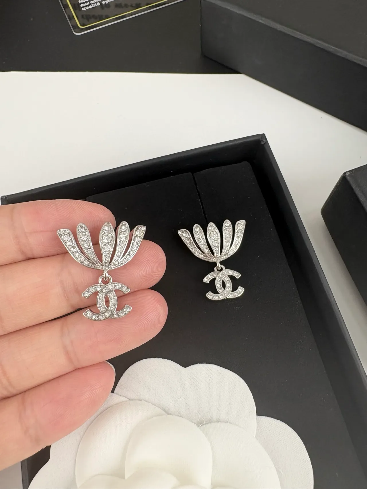 Chanel Silver Pavé-Crystal Fan Motif Dangling Interlocking CC Logo Earrings 5