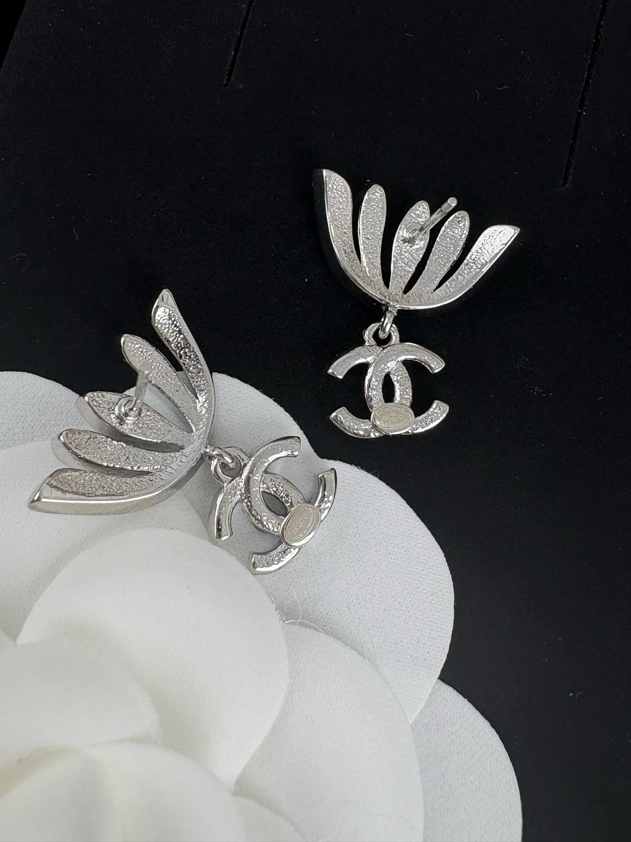 Chanel Silver Pavé-Crystal Fan Motif Dangling Interlocking CC Logo Earrings 6