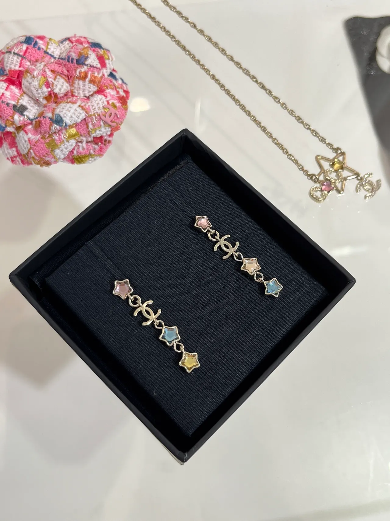Chanel Star Charm Multicolor Silver Dangling Earrings 6