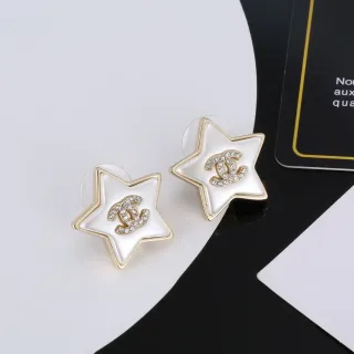 Chanel Star-Shaped Crystal CC Logo White Enamel Earrings