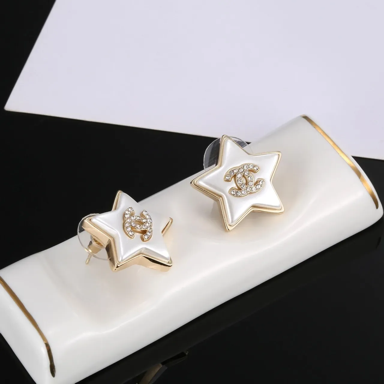 Chanel Star-Shaped Crystal CC Logo White Enamel Earrings 2