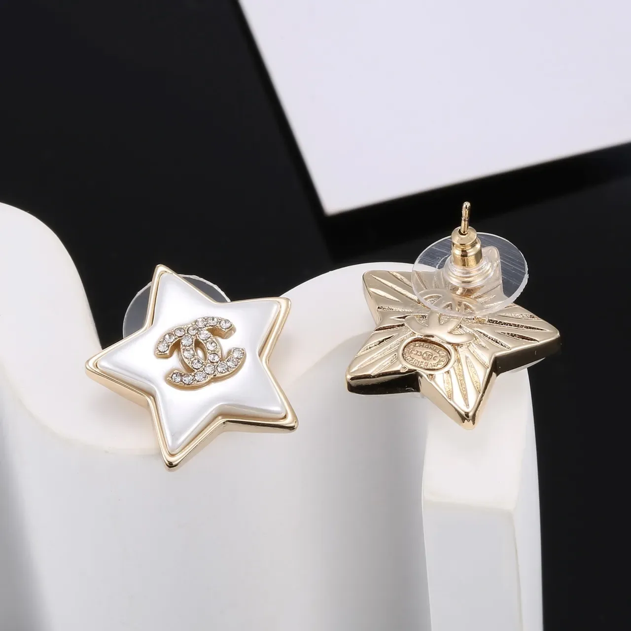Chanel Star-Shaped Crystal CC Logo White Enamel Earrings 5