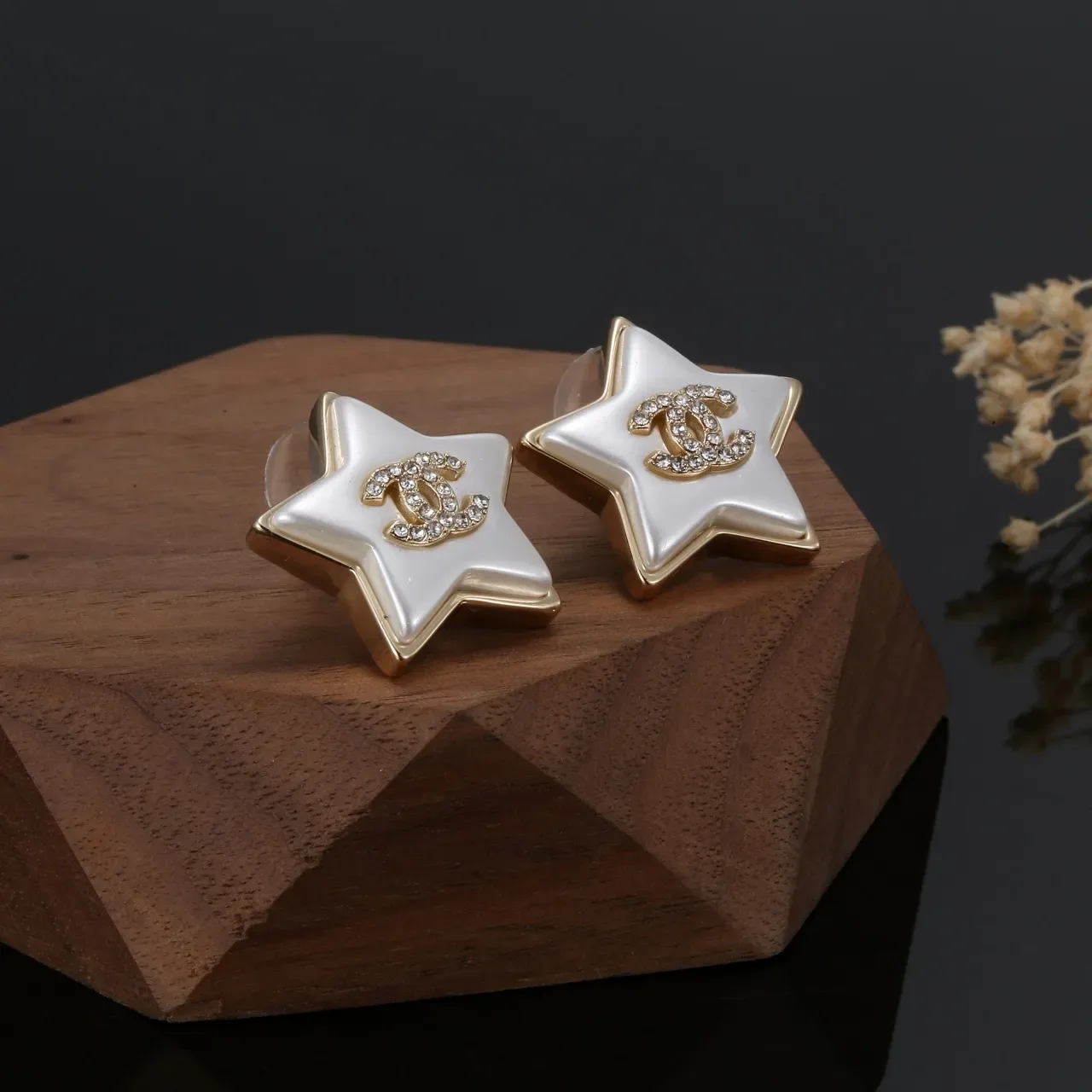 Chanel Star-Shaped Crystal CC Logo White Enamel Earrings 7