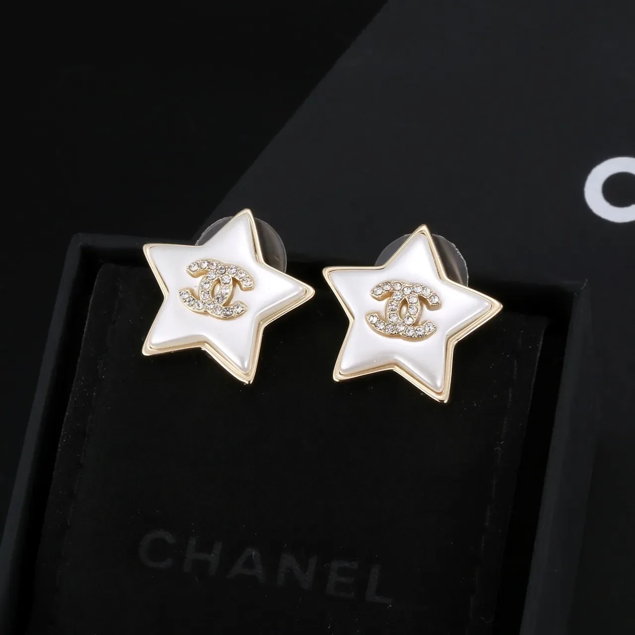 Chanel Star-Shaped Crystal CC Logo White Enamel Earrings 8