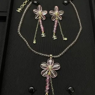 Chanel Transparent Pink Floral Lucite Pendant Beaded Chain Necklace