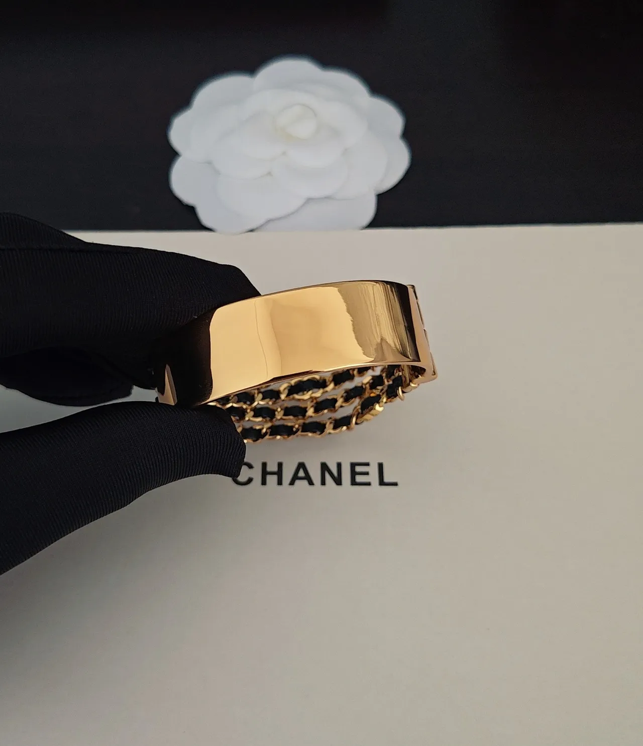 Chanel Triple Chain Black Leather and Gold-Tone Bracelet 2