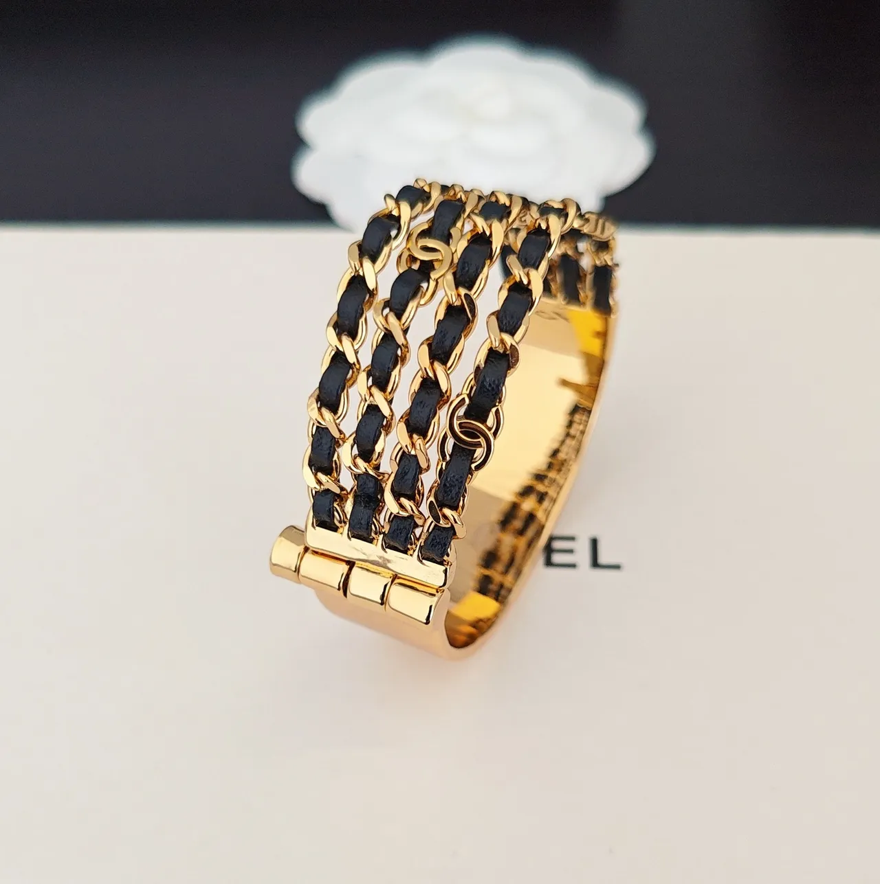 Chanel Triple Chain Black Leather and Gold-Tone Bracelet 3