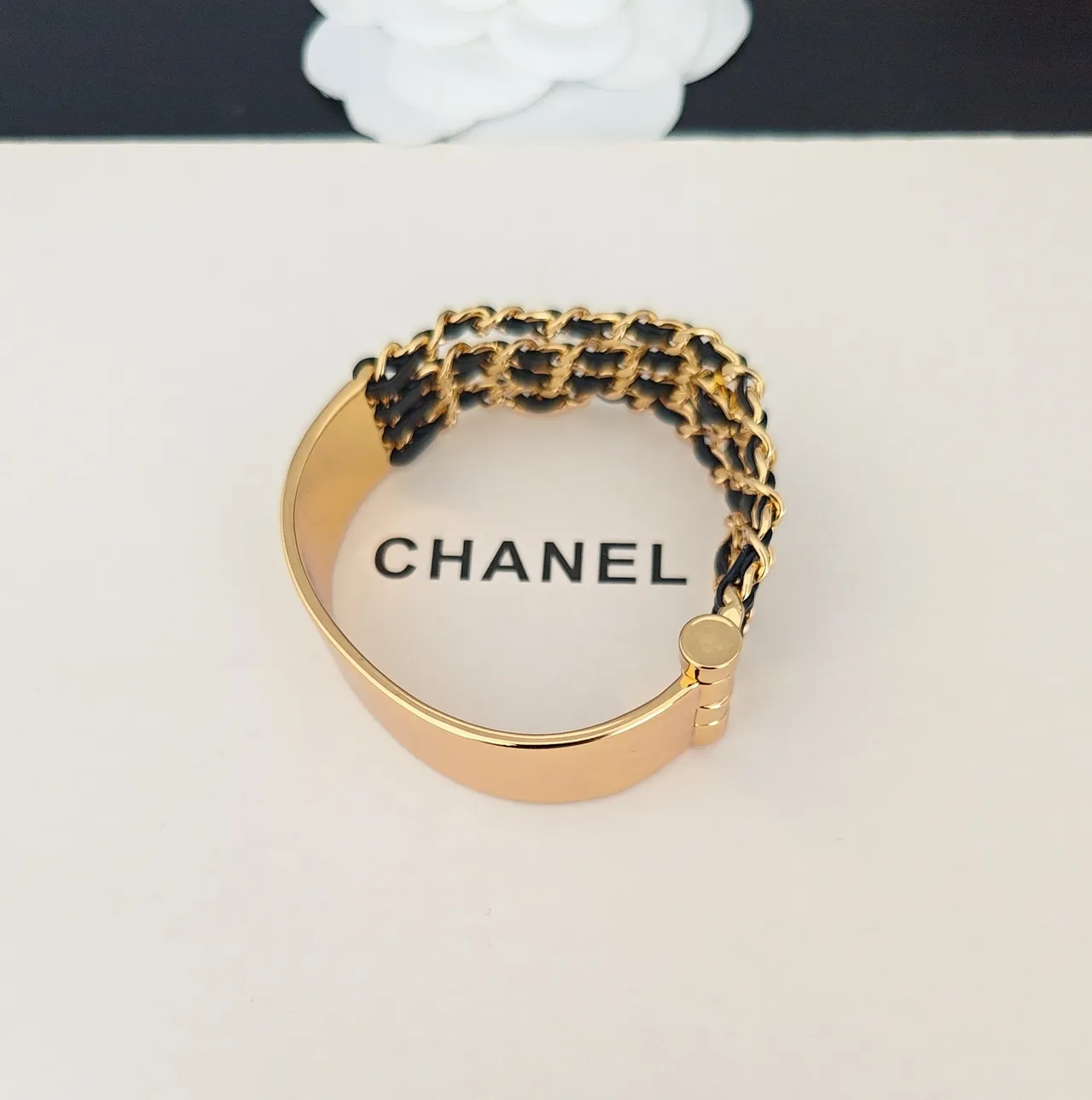 Chanel Triple Chain Black Leather and Gold-Tone Bracelet 4