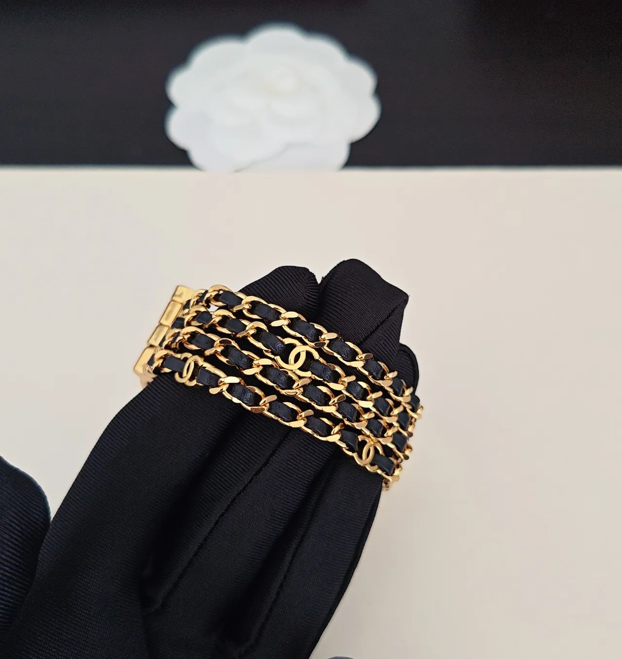 Chanel Triple Chain Black Leather and Gold-Tone Bracelet 5