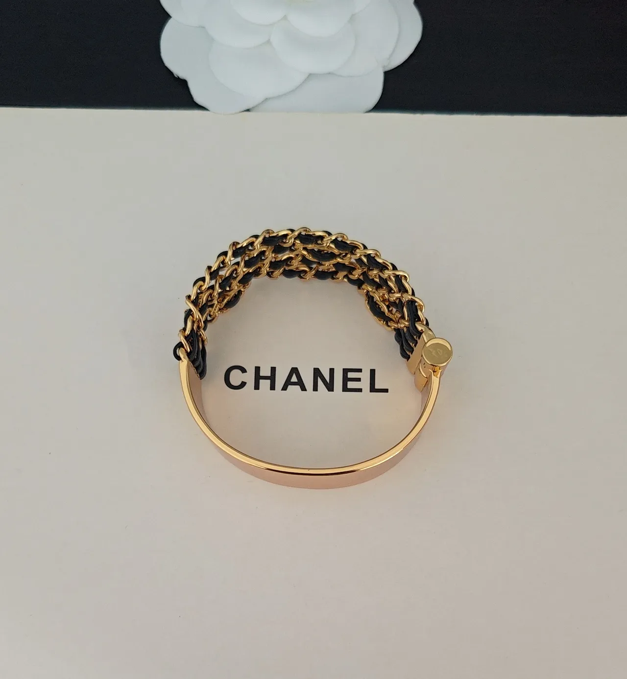 Chanel Triple Chain Black Leather and Gold-Tone Bracelet 6