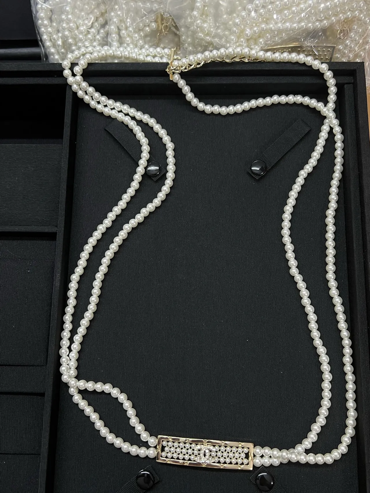Chanel White Black Double-Strand Pearl Quilted Metal Clasp Necklace 2