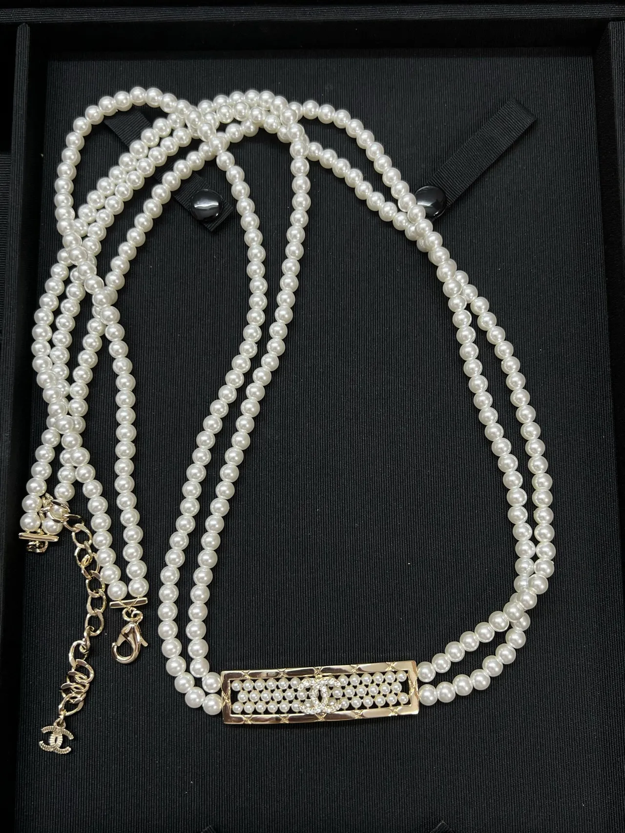 Chanel White Black Double-Strand Pearl Quilted Metal Clasp Necklace 8