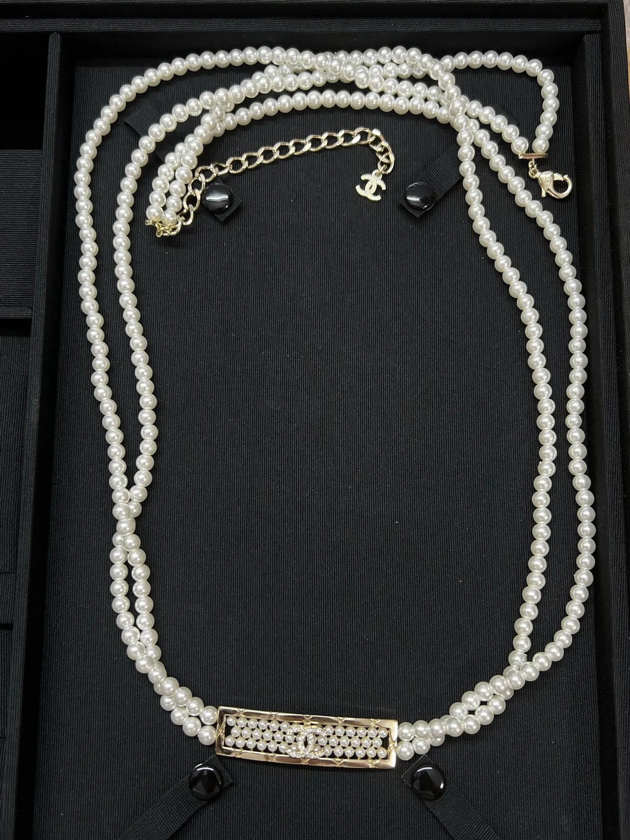 Chanel White Black Double-Strand Pearl Quilted Metal Clasp Necklace 3