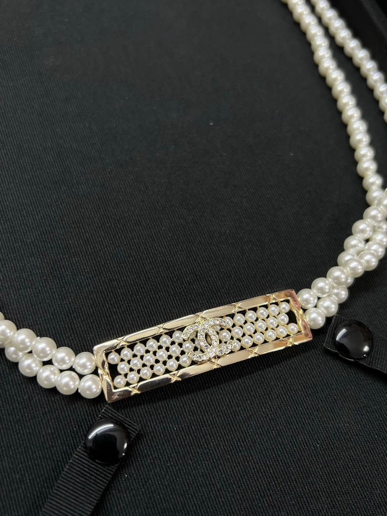 Chanel White Black Double-Strand Pearl Quilted Metal Clasp Necklace 4