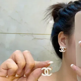 Chanel White Gold Interlocking CC Logo Enamel Finish Earrings