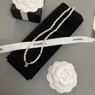 Chanel White Gold Pearl Strand CC Pendant Necklace