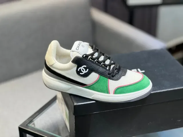 Chanel White Green Color-Blocked Suede-and-Mesh Upper Lifestyle Sneakers 1