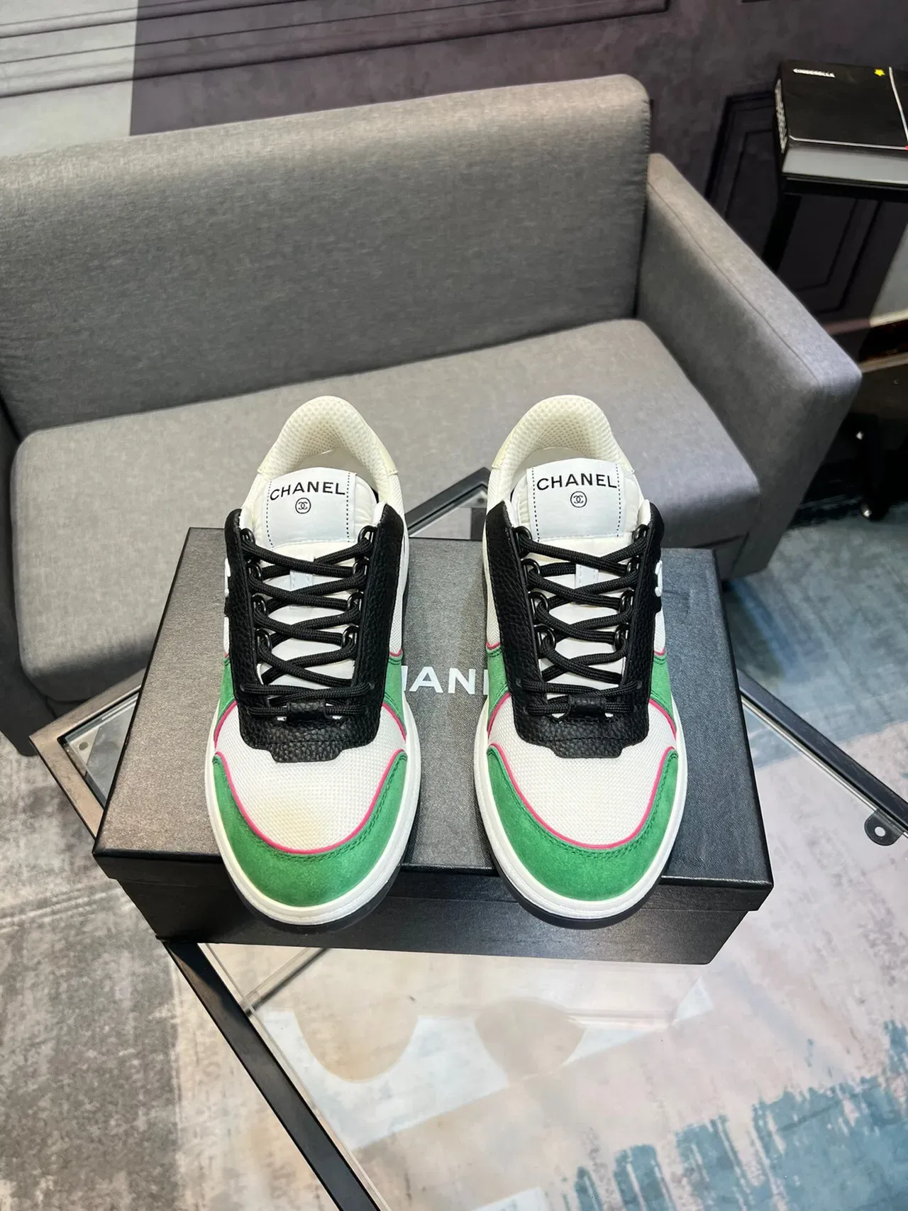 Chanel White Green Color-Blocked Suede-and-Mesh Upper Lifestyle Sneakers 2