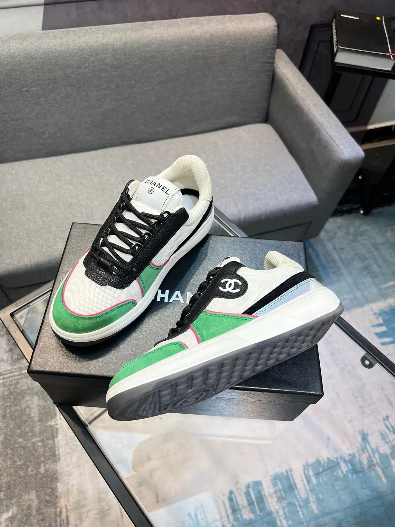 Chanel White Green Color-Blocked Suede-and-Mesh Upper Lifestyle Sneakers 4