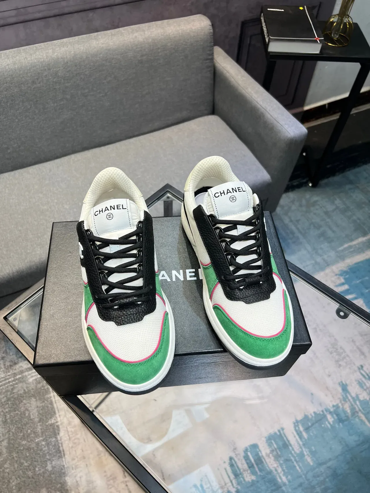 Chanel White Green Color-Blocked Suede-and-Mesh Upper Lifestyle Sneakers 5