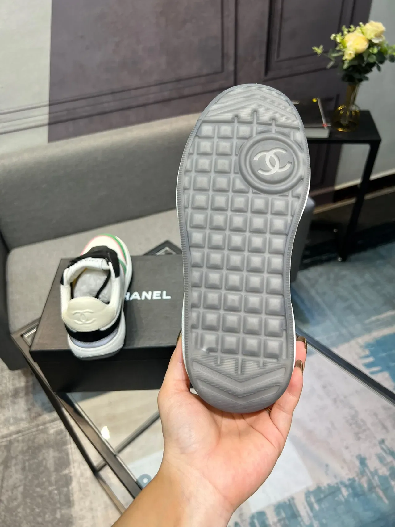 Chanel White Green Color-Blocked Suede-and-Mesh Upper Lifestyle Sneakers 7