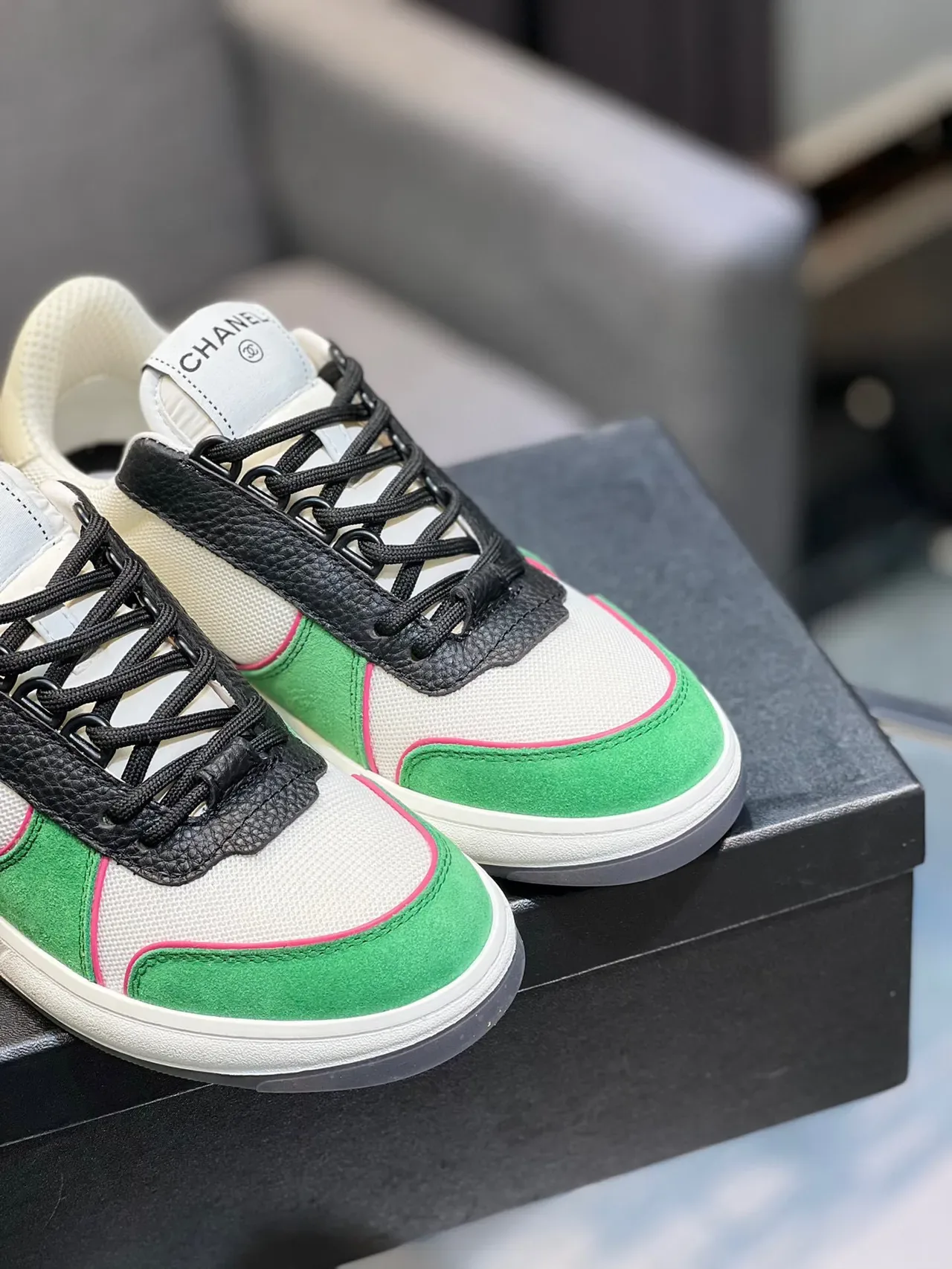 Chanel White Green Color-Blocked Suede-and-Mesh Upper Lifestyle Sneakers 9