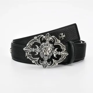 Chrome Hearts Black Silver Ornate Metal Buckle Lion Head Centerpiece Leather Belt