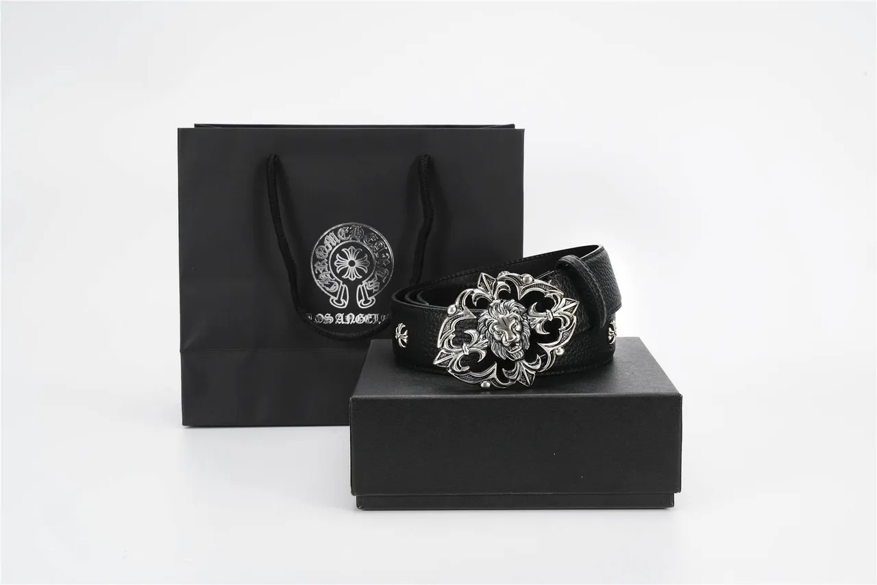 Chrome Hearts Ceinture en cuir noire argentée avec boucle métallique ornée tête de lion au centre 4