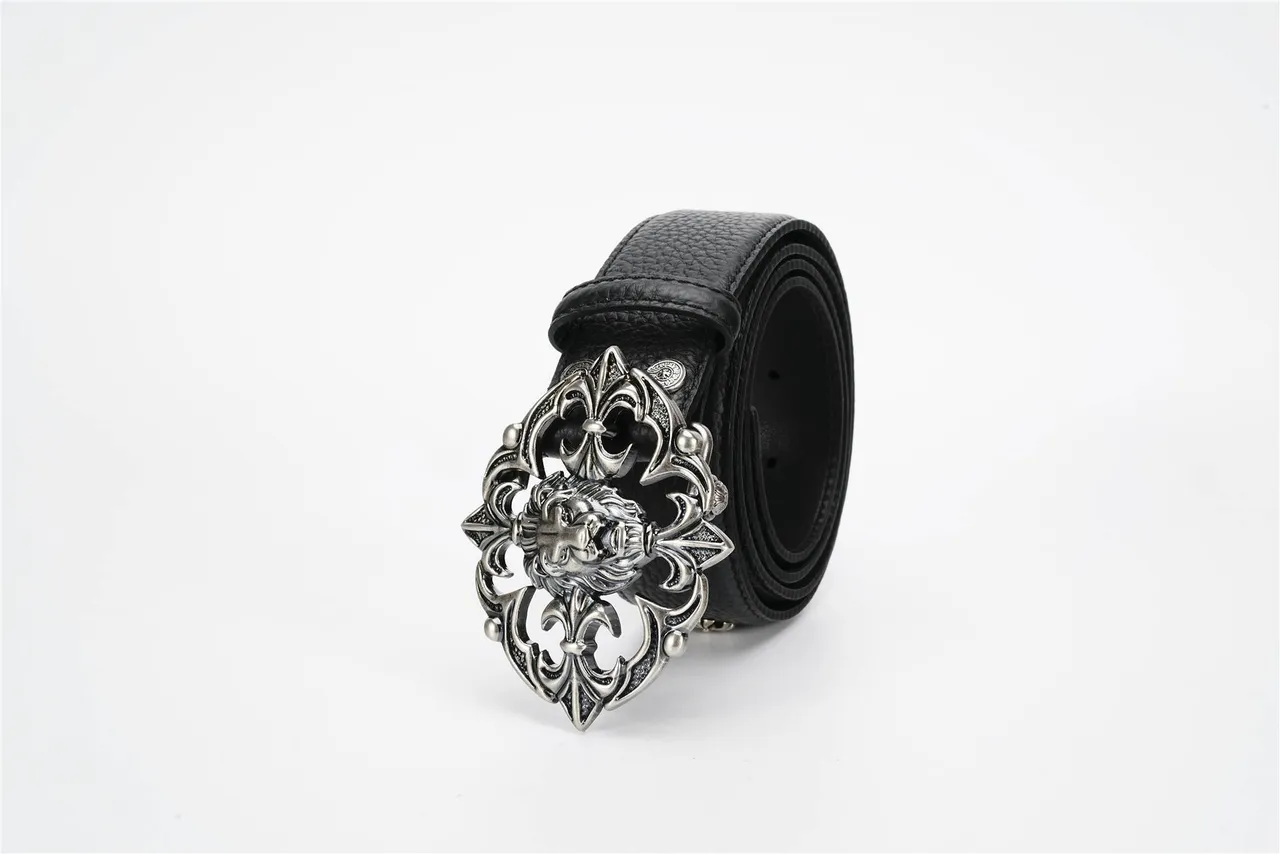 Chrome Hearts Ceinture en cuir noire argentée avec boucle métallique ornée tête de lion au centre 6