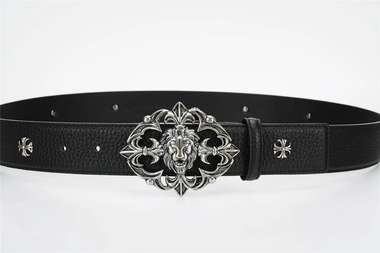 Chrome Hearts Ceinture en cuir noire argentée avec boucle métallique ornée tête de lion au centre 8
