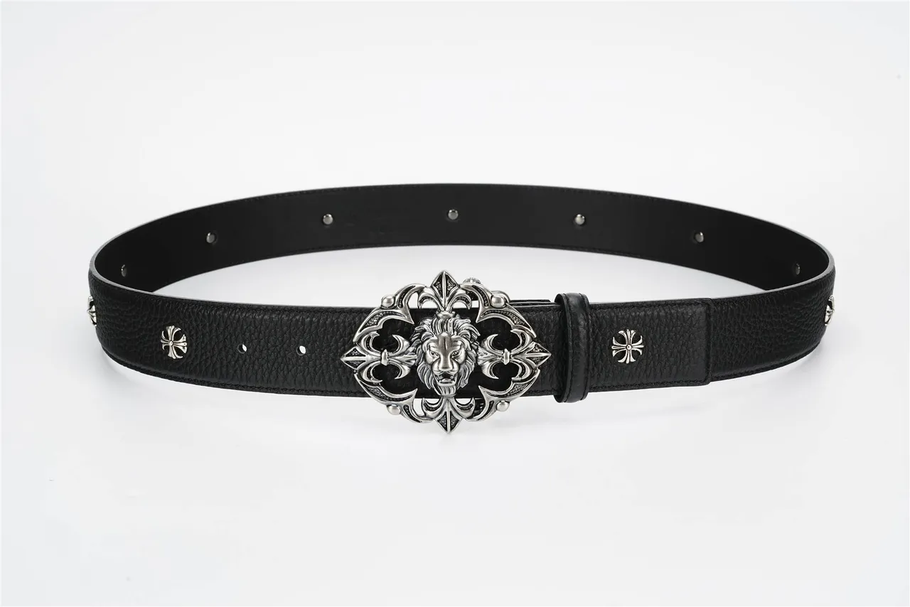 Chrome Hearts Ceinture en cuir noire argentée avec boucle métallique ornée tête de lion au centre 9
