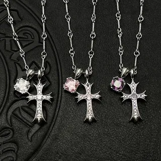 Chrome Hearts Cross Pendant Necklace Silver Purple Gothic Pavé Crystal Embellishment Necklace