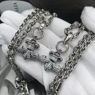 Chrome Hearts Fleur-de-Lis Pave Baguette Silver White Oxidized Crystals হার