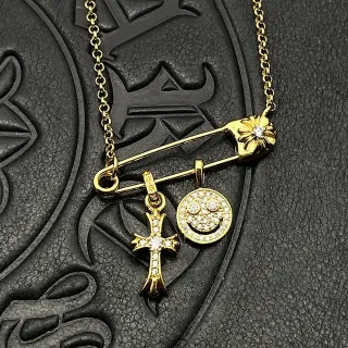 Chrome Hearts Safety Pin Gold Silver Pendant Pavé-Set Cross Charm Necklace